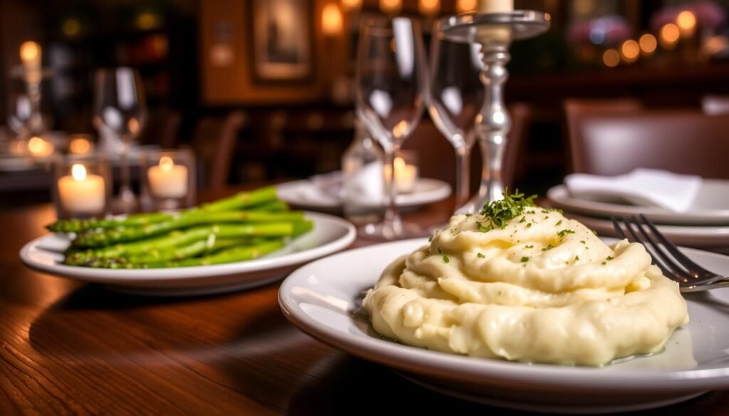 A beautifully arranged dinner table featuring two signature sides from Bonefish Grill's premium cuts menu. In the foreground, a vibrant plate of perfectly grilled asparagus and garlic mashed potatoes, topped with a sprinkle of fresh herbs for a pop of color. The middle ground showcases a rustic wooden table adorned with elegant dinnerware and soft, candlelit ambiance. In the background, hints of a cozy restaurant setting, with softly blurred lights creating a warm atmosphere. The scene is illuminated with soft, diffused lighting, mimicking the inviting glow of a fine dining experience. Capture the rich textures of the food, focusing on the creamy smoothness of the mashed potatoes and the vibrant green of the asparagus, evoking a sense of culinary indulgence and warmth.