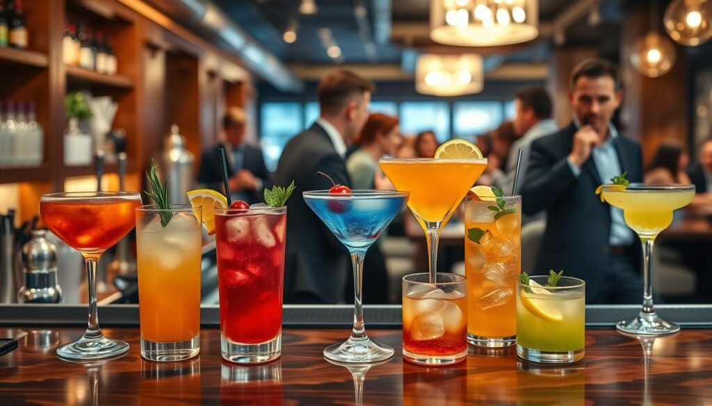 A beautifully arranged display of hand-crafted cocktails set on a stylish bar top. In the foreground, showcase a vibrant selection of colorful cocktails in elegant glassware, featuring garnishes like fresh herbs, citrus slices, and cherries. The middle ground captures a refined bar setting with polished wood, ambient lighting casting a warm glow, and an array of cocktail shakers and garnishing tools. The background hints at a softly blurred atmosphere of a busy restaurant, with patrons enjoying their drinks, depicted in smart casual attire. The overall mood is lively and inviting, enhanced by the glow of hanging pendant lights. Use a shallow depth of field to emphasize the cocktails at the forefront, creating a striking focal point.