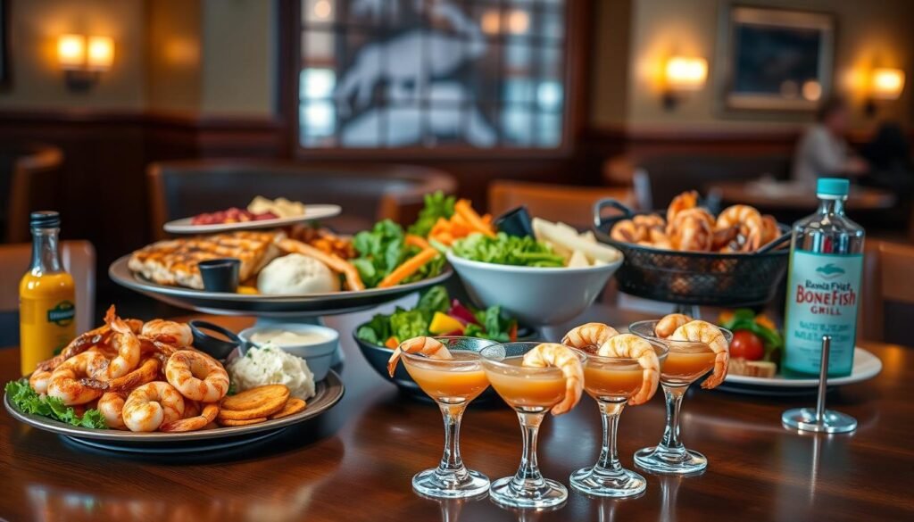 A beautifully arranged family bundle of seafood dishes from Bonefish Grill, displayed elegantly on a wooden table. In the foreground, showcase a large platter filled with grilled fish, shrimp, and tasty sides like mashed potatoes and seasonal vegetables. Beside it, include a vibrant salad and a bottle of house-made sauce. In the middle ground, place a few shrimp cocktails served in distinctive glasses, their colors and textures inviting. The background features a softly lit restaurant ambiance with wooden accents and warm, inviting lighting. Capture the scene from a slightly elevated angle to highlight the appealing layout. The mood is warm and familial, perfect for showcasing the joy of shared meals.