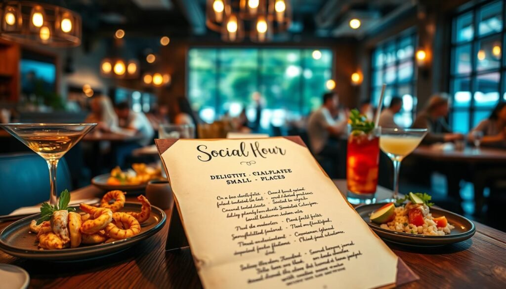 A beautifully arranged hand-crafted social hour menu displayed on a rustic wooden table. The menu features elegant handwritten calligraphy on aged parchment, detailing delightful small plates and refreshing beverages. Surrounding the menu are carefully plated dishes such as crispy calamari, fresh ceviche, and vibrant cocktails adorned with garnishes. In the background, there are softly lit pendant lights casting a warm, inviting glow over the setting. A blurred view of a bustling restaurant ambiance creates a lively atmosphere. The perspective is from a slight overhead angle, providing a clear view of the menu and dishes while capturing the essence of a social gathering. The mood is warm, welcoming, and perfect for a happy hour experience.