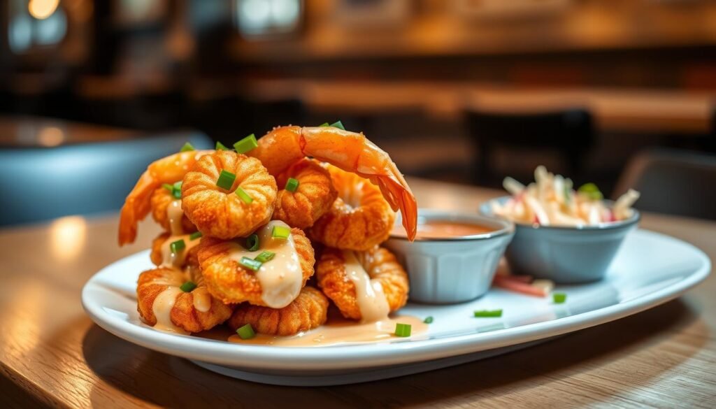 A beautifully arranged plate of bang bang shrimp, featuring crispy, golden-brown shrimp drizzled with a creamy, spicy sauce, garnished with chopped green onions and a sprinkle of sesame seeds. In the foreground, the shrimp are artistically stacked on a white ceramic plate, with some shrimp slightly overlapping. The middle ground reveals a small bowl of additional sauce and a side of fresh, vibrant coleslaw. The background is softly blurred to showcase a warm, rustic setting resembling a restaurant atmosphere, with dim lighting that casts a cozy glow on the dish. The image captures an inviting and appetizing mood, ideal for highlighting a signature starter. Use a shallow depth of field with a slight overhead angle to emphasize the textures and colors of the food.