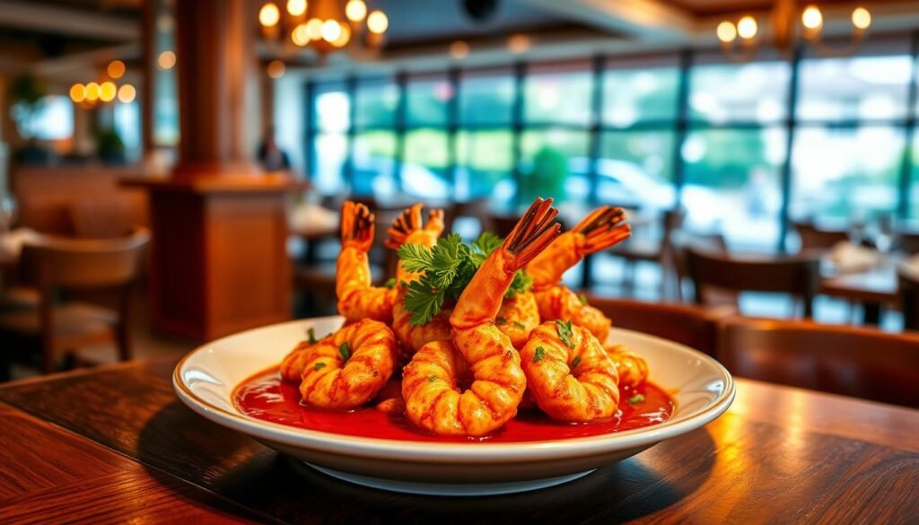 A beautifully arranged plate of bang bang shrimp served with a vibrant, spicy sauce and garnished with fresh herbs, resting on a rustic wooden table. The shrimp are golden-brown and crispy, glistening appetizingly under warm, ambient lighting that highlights their texture. In the background, a softly blurred scene of a cozy, upscale seafood restaurant interior, complete with polished wood furnishings and elegant decor, evokes a welcoming atmosphere. The image is captured from a slightly overhead angle to showcase the dish's details, inviting the viewer to experience the freshness and flavor of seafood dining, creating a mouthwatering appeal that resonates with a delightful dining experience.