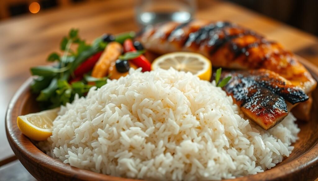 A beautifully arranged plate of fluffy jasmine rice, showcasing its delicate, fragrant grains. In the foreground, the rice is served in a rustic, wooden bowl, garnished with fresh herbs and a slice of lemon. Surrounding the bowl are grilled vegetables, glistening with a hint of olive oil, and a succulent piece of wood-fired grilled fish, displaying golden, crispy edges. The middle ground features a softly lit wooden table, enhancing the inviting atmosphere. In the background, a subtle blur of warm, ambient light creates a cozy setting. The scene conveys a sense of warmth and culinary delight, perfect for a dining experience focused on quality and flavor, with natural lighting emphasizing the textures of the food.