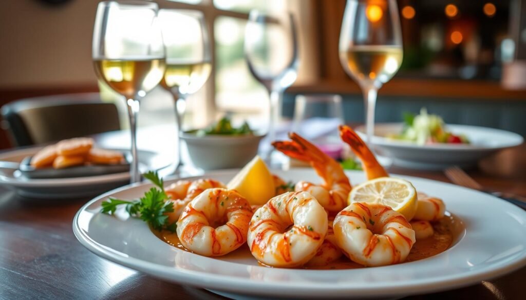 A beautifully arranged plate of shrimp, showcasing a variety of exquisite sautéed shrimp dishes, is placed prominently in the foreground. The shrimp, glistening with flavorful seasoning, are accompanied by vibrant garnishes of fresh herbs and a slice of lemon for a pop of color. In the middle ground, a elegantly set restaurant table features fine dining elements—a sparkling glass of white wine and a colorful side salad, enhancing the culinary experience. The background captures a warm, inviting ambiance of Bonefish Grill, with soft lighting giving a cozy feel. The image is taken from a slightly elevated angle, focusing on the dish, conveying a sense of sophistication and appetizing allure, perfect for enticing food lovers exploring seafood options.