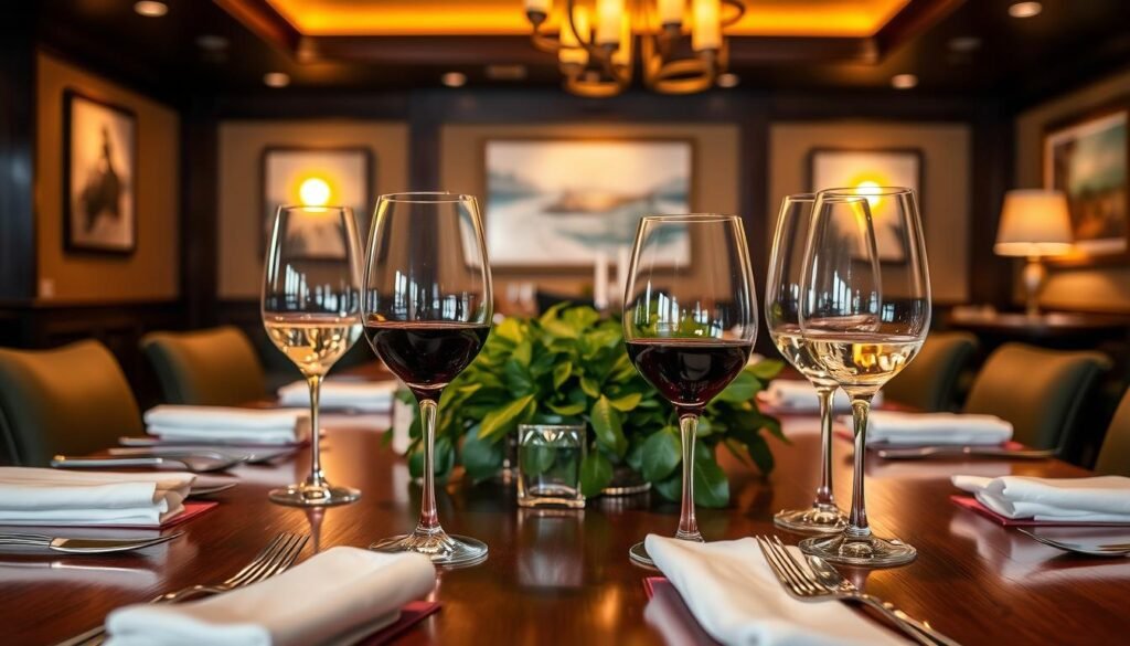 A beautifully arranged private dining setting at Bonefish Grill, featuring an elegant wooden table set for a small gathering. In the foreground, detailed close-ups of fine china, polished silverware, and crystal wine glasses filled with red and white wine. In the middle ground, soft ambient lighting casts a warm glow on lush green foliage in tasteful centerpieces. Background elements show a plush, intimate dining space with subtle artwork adorning the walls, all designed to evoke an upscale yet inviting atmosphere. The lighting is soft and inviting, resembling the golden hour, with a focus on creating a cozy, sophisticated mood perfect for events. Ensure the overall scene is devoid of people or distractions, maintaining a serene and polished environment.
