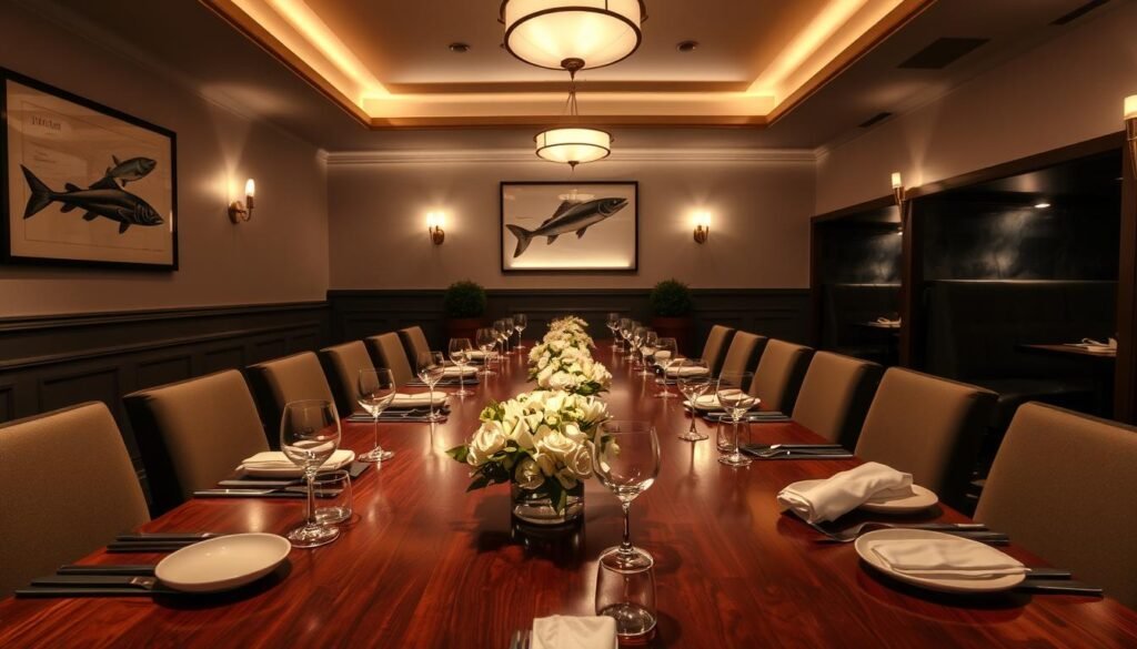 A beautifully arranged private dining space at Bonefish Grill, set for an elegant gathering. In the foreground, a long, polished wooden table is adorned with fine china, sparkling glassware, and delicate floral centerpieces. Soft, ambient lighting casts a warm glow, enhancing the inviting atmosphere. In the middle, comfortable chairs upholstered in rich fabric surround the table. Elegant, subtly detailed wall art adds a touch of sophistication. In the background, dimly lit, private booths are visible, creating an intimate setting. The overall mood is upscale and cozy, perfect for special events. The lens captures the scene at eye level, ensuring a broad view that showcases the inviting details without any people present.