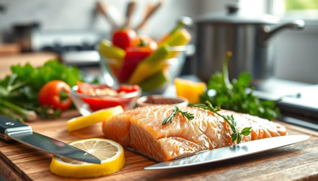 A beautifully arranged salmon preparation scene. In the foreground, a fresh salmon fillet, glistening and garnished with lemon slices and herbs. A sharp chef's knife rests nearby on a wooden cutting board, showcasing the preparation process. In the middle, a glass bowl filled with vibrant, colorful vegetables like bell peppers, and a small dish of spices adds to the ambiance. The background features a softly blurred kitchen setting, with a hint of a stove and pots, enhancing the culinary environment. Natural light streams in from a window, casting a warm glow and creating a cozy, inviting atmosphere. The overall mood is one of freshness and culinary artistry, ideal for evaluating seafood entrée quality. A beautifully arranged salmon preparation scene. In the foreground, a fresh salmon fillet, glistening and garnished with lemon slices and herbs. A sharp chef's knife rests nearby on a wooden cutting board, showcasing the preparation process. In the middle, a glass bowl filled with vibrant, colorful vegetables like bell peppers, and a small dish of spices adds to the ambiance. The background features a softly blurred kitchen setting, with a hint of a stove and pots, enhancing the culinary environment. Natural light streams in from a window, casting a warm glow and creating a cozy, inviting atmosphere. The overall mood is one of freshness and culinary artistry, ideal for evaluating seafood entrée quality.