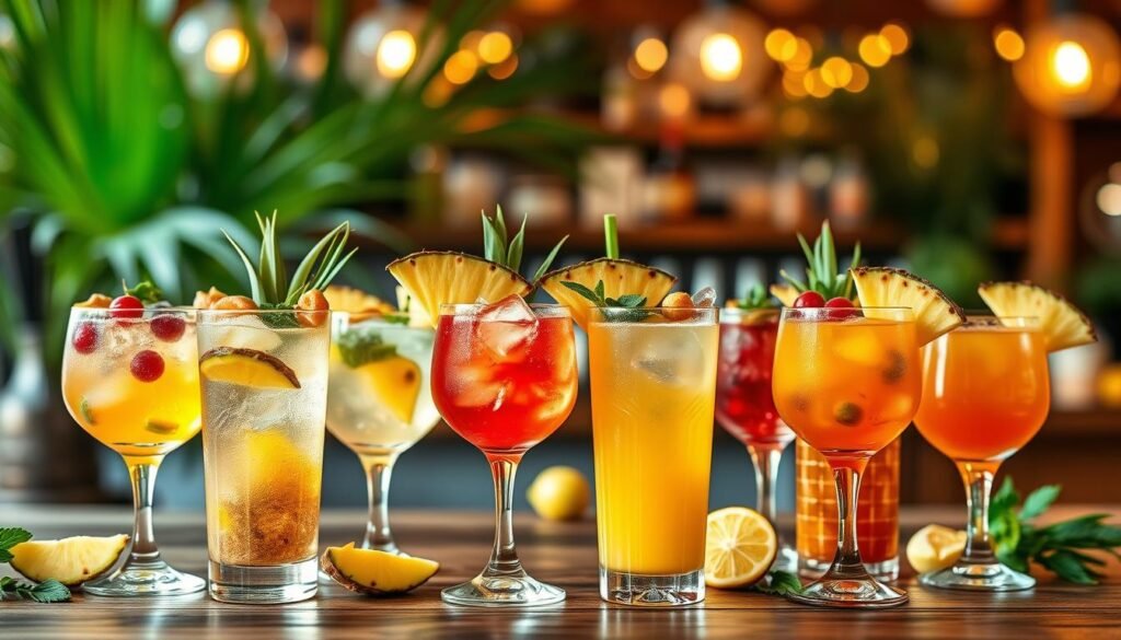 A beautifully arranged selection of hand-crafted cocktails with pineapple in the foreground, showcasing a vibrant mix of colors and textures. Each cocktail, served in elegant glassware, should feature fresh pineapple slices, colorful garnishes, and ice crystals. In the middle ground, display a rustic wooden bar top adorned with additional fresh fruits and herbs for added detail. The background features blurred tropical elements, like palm leaves and soft bokeh lights, evoking a warm, inviting atmosphere. Soft, natural lighting filters through, creating shimmering highlights on the glasses. Use a shallow depth of field to keep the focus on the cocktails while adding a dreamy, relaxed mood to the scene. A beautifully arranged selection of hand-crafted cocktails with pineapple in the foreground, showcasing a vibrant mix of colors and textures. Each cocktail, served in elegant glassware, should feature fresh pineapple slices, colorful garnishes, and ice crystals. In the middle ground, display a rustic wooden bar top adorned with additional fresh fruits and herbs for added detail. The background features blurred tropical elements, like palm leaves and soft bokeh lights, evoking a warm, inviting atmosphere. Soft, natural lighting filters through, creating shimmering highlights on the glasses. Use a shallow depth of field to keep the focus on the cocktails while adding a dreamy, relaxed mood to the scene.