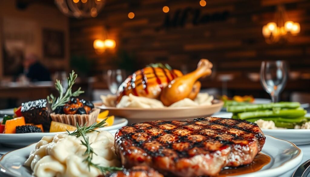 A beautifully arranged table featuring a selection of hearty land entrees. In the foreground, succulent grilled steak garnished with rosemary beside creamy mashed potatoes, and colorful roasted seasonal vegetables. The middle layer showcases a flavorful herb-roasted chicken with a crispy skin, drizzled with a savory sauce, and a side of grilled asparagus. In the background, a warm, inviting atmosphere is created by soft, golden lighting emanating from overhead fixtures, enhancing the rich textures of the dishes. The table is set with elegant tableware and a rustic wooden backdrop, evoking a cozy yet upscale dining experience. Capture this scene with a focus on detail and realism, using a shallow depth of field to emphasize the entrees while softly blurring the background.