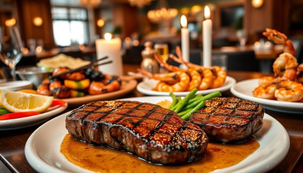 A beautifully arranged table showcasing an array of wood-grilled specialties, focusing on succulent seafood and signature steaks. In the foreground, a perfectly seared filet mignon, accompanied by vibrant grilled vegetables and a side of lemon wedges, glistens with delicious grill marks. A plate of freshly grilled shrimp skewers, glazed with a hint of garlic butter, complements the steak. In the middle ground, the soft glow of candles and rustic wooden serving platters add warmth to the scene. The background features a stylish dining area with a cozy ambiance, illuminated by soft, warm lighting, enhancing the inviting atmosphere. The composition captures a gourmet experience, inviting viewers to indulge in the flavors of Bonefish Grill.