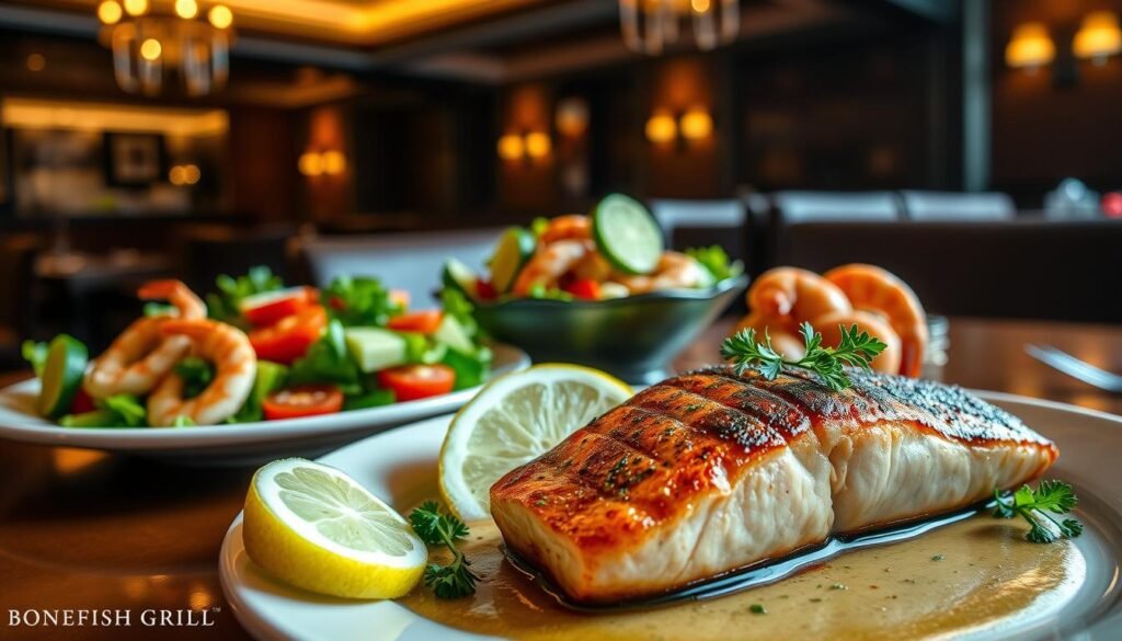 A beautifully arranged table showcasing signature seafood dishes at Bonefish Grill. In the foreground, highlight a perfectly grilled salmon fillet, garnished with fresh herbs and served with a zesty lemon wedge. Beside it, a colorful plate of shrimp scampi, adorned with garlic and parsley. In the middle ground, display a crisp garden salad featuring vibrant lettuce, cherry tomatoes, and cucumber slices, drizzled with a light vinaigrette. The background should include elegant dimly lit restaurant interiors, with soft, warm lighting casting a cozy atmosphere. Capture the scene from an eye-level angle to emphasize the delectable dishes while creating an inviting ambiance that resonates with seafood lovers. Aim for a focus on detail and texture, enhancing the freshness and quality of the food.