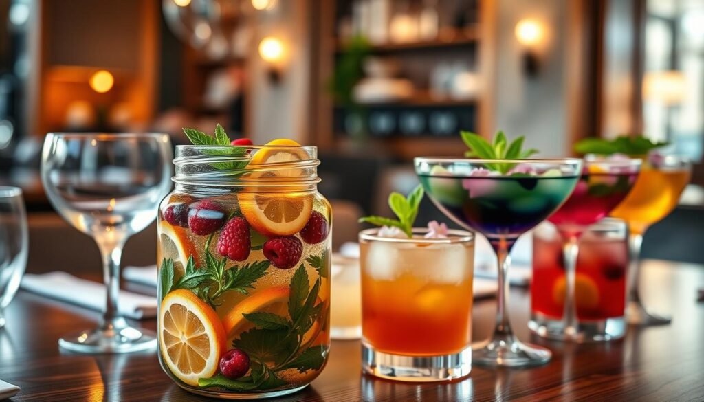 A beautifully arranged table with a selection of house infusions, showcasing an array of colorful, handcrafted cocktails in elegant glassware. In the foreground, focus on a vibrant infusion jar filled with fresh herbs, citrus slices, and berries, emitting a refreshing, enticing aroma. The middle ground features a few cocktails garnished with fresh mint and delicate flower petals, creating an artistic contrast of colors. The background includes subtle hints of a cozy restaurant ambiance with soft, warm lighting and stylish wooden details, enhancing the inviting atmosphere. The scene is captured with a slight depth of field effect and a warm color palette, evoking a sense of culinary creativity and relaxation.