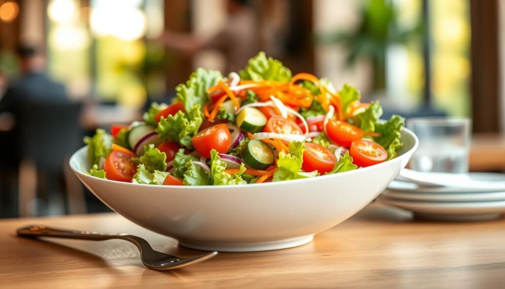 A beautifully arranged, vibrant salad sits elegantly in a modern bowl, filled with a colorful mix of fresh ingredients such as crisp romaine lettuce, juicy cherry tomatoes, sliced cucumbers, and shredded carrots, all drizzled with a light vinaigrette. In the foreground, a fork rests next to the bowl, hinting at the dining experience. The middle ground captures a subtle background of a softly blurred restaurant setting, with warm natural lighting filtering through large windows, creating a welcoming ambiance. The focus is sharp on the salad, while a shallow depth of field enhances its vivid colors against the softly illuminated surroundings, evoking a feeling of health, freshness, and flexibility perfect for a casual lunch setting.