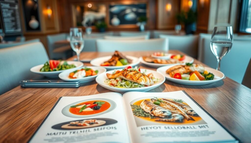 A beautifully arranged wooden table in a well-lit restaurant setting, featuring a small, elegant menu partially opened, showcasing high-quality seafood dishes. The foreground highlights the menu with glossy pages displaying vivid images of fresh fish, vegetables, and delectable sauces. In the middle ground, an array of colorful plates consisting of grilled fish, vibrant salads, and artistic garnishes creates an inviting scene of culinary excellence. The background subtly depicts a cozy dining atmosphere with soft illumination, wooden accents, and tasteful decor, giving a warm and inviting feel. The lighting is soft and ambient, capturing the fresh ingredients and meticulous preparation. The overall mood is refined and appetizing, exuding a sense of quality and care in dining experience, with no text or markings present. A beautifully arranged wooden table in a well-lit restaurant setting, featuring a small, elegant menu partially opened, showcasing high-quality seafood dishes. The foreground highlights the menu with glossy pages displaying vivid images of fresh fish, vegetables, and delectable sauces. In the middle ground, an array of colorful plates consisting of grilled fish, vibrant salads, and artistic garnishes creates an inviting scene of culinary excellence. The background subtly depicts a cozy dining atmosphere with soft illumination, wooden accents, and tasteful decor, giving a warm and inviting feel. The lighting is soft and ambient, capturing the fresh ingredients and meticulous preparation. The overall mood is refined and appetizing, exuding a sense of quality and care in dining experience, with no text or markings present.