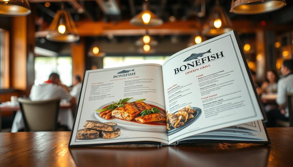 A beautifully designed restaurant menu featuring the Bonefish Grill offerings, prominently displayed on a wooden table. The foreground showcases the menu open to reveal enticing dishes like grilled fish and fresh seafood, beautifully illustrated with vibrant colors. The middle ground captures a soft-focus ambiance, with a warm, welcoming atmosphere highlighted by gentle lighting from overhead pendant lamps. In the background, blurred silhouettes of patrons enjoying their meals add a lively yet unobtrusive feel, enhancing the dining experience. The setting is casual yet sophisticated, with an emphasis on quality and freshness. Shot with a shallow depth of field to ensure the focus remains on the menu itself, evoking a sense of culinary delight and exploration.