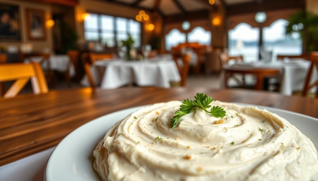 A beautifully plated dish of garlic whipped spread in the foreground, showcasing a smooth, creamy texture embellished with finely minced garlic and a sprinkle of fresh parsley for color. The middle ground features a rustic wooden table, adorned with a subtle, elegant tablecloth that complements the dish. In the background, a softly blurred view of a coastal restaurant interior with warm lighting, enhancing the cozy, inviting atmosphere. The scene is lit with gentle, diffused light that highlights the glossiness of the whipped garlic while casting soft shadows to add depth. Capture this image from a slightly overhead angle to accentuate the dish’s richness and details, evoking a sense of indulgence and culinary delight.
