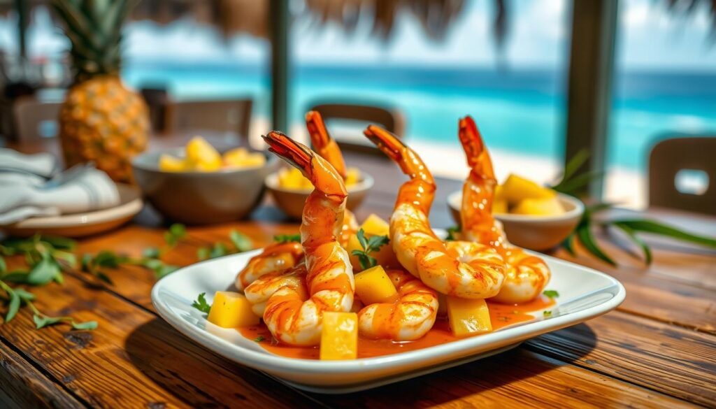 A beautifully plated dish of pineapple glazed shrimp, showcasing succulent, grilled shrimp with a shiny, golden pineapple glaze drizzled artistically on top. The shrimp should be garnished with fresh herbs and vibrant slices of pineapple for a pop of color. In the foreground, a rustic wooden table adds warmth and a cozy ambiance, with the shimmer of the glaze reflecting softly in ambient, natural lighting. The middle ground features a few scattered tropical leaves and a small bowl of pineapple salsa, complementing the dish, while a blurred, tropical beach scene is visible in the background, enhancing the summery atmosphere. The overall mood is inviting and festive, perfect for a seasonal culinary experience.