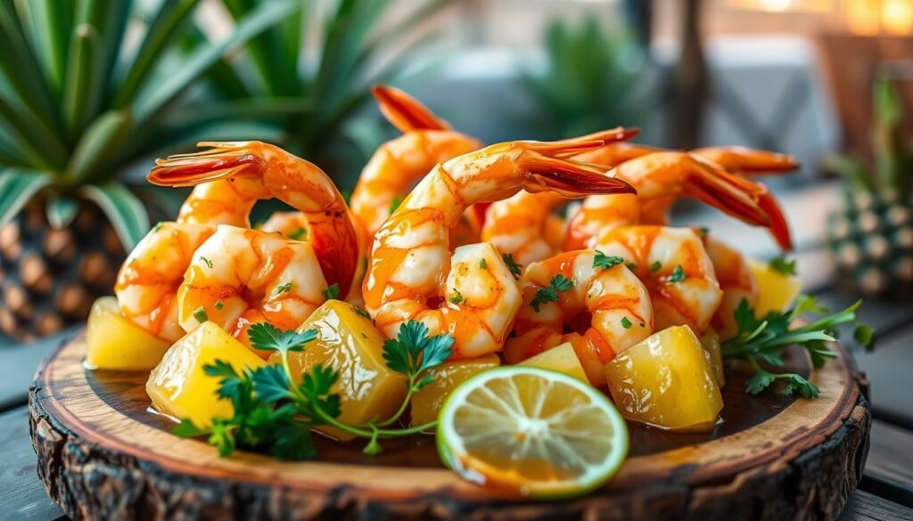 A beautifully plated dish of pineapple glazed shrimp takes center stage, showcasing large, succulent shrimp glistening with a vibrant pineapple glaze. The shrimp are artfully arranged on a rustic wooden platter, surrounded by fresh pineapple chunks and a sprinkle of chopped cilantro. In the foreground, delicate greens and a slice of lime add a refreshing contrast, while a light drizzle of the glaze cascades down. The middle of the image focuses on the main dish to reveal texture and details of the shrimp. In the background, a softly blurred outdoor setting with subtle hints of tropical plants creates a warm, inviting atmosphere, illuminated by soft, natural lighting to evoke a seasonal, flavorful dining experience. The image captures a sense of culinary delight, perfect for enticing readers.