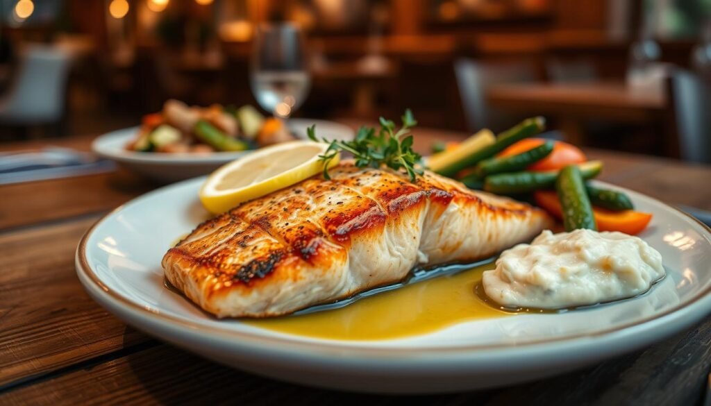 A beautifully plated salmon fillet, expertly grilled to perfection, served on a rustic wooden table. The salmon is garnished with vibrant green herbs and a slice of lemon, glistening with a light drizzle of olive oil. Surrounding the plate are carefully arranged sides of seasonal vegetables and a scoop of creamy mashed potatoes, adding variety and color. In the background, softly blurred hints of a warm and inviting restaurant ambiance can be seen, with soft golden lighting creating a cozy atmosphere. The angle is slightly above the table, giving an enticing view of the dish while capturing the depth of the setting, evoking a sense of indulgence and gourmet dining experience. The overall mood is inviting and appetizing, perfect for a culinary exploration.
