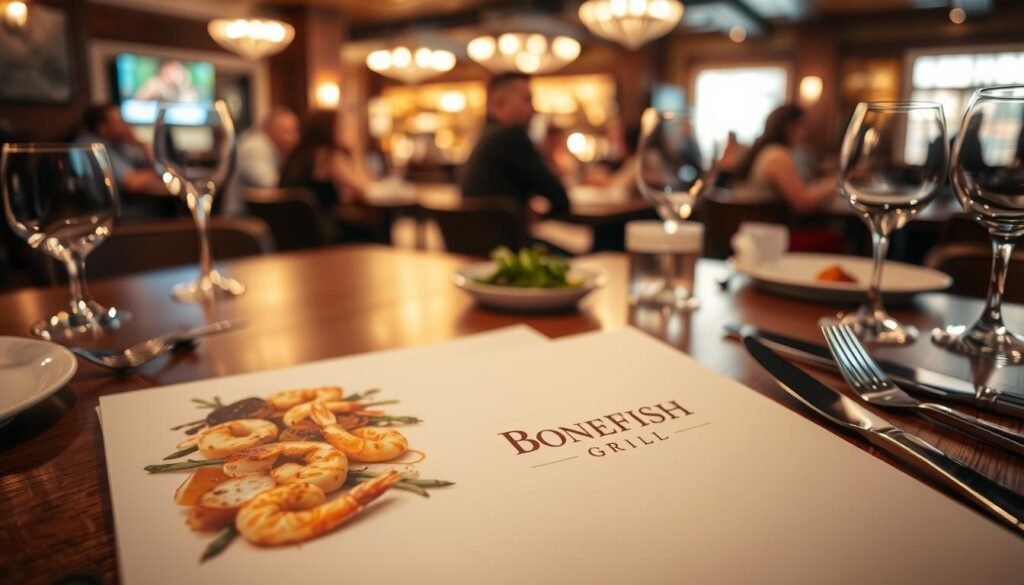 A beautifully presented Bonefish Grill dinner menu laid out on a rustic wooden table, creating an inviting atmosphere. In the foreground, a close-up of the menu features a variety of delectable seafood dishes, including grilled fish, shrimp, and seasonal vegetables, artfully arranged with vibrant colors. Surrounding the menu, light reflects softly off polished silverware and elegant glassware, suggesting a fine dining experience. In the middle background, a softly blurred ambiance of a warmly lit restaurant can be seen, with patrons enjoying their meals, dressed in smart casual attire, adding to the lively atmosphere. The lighting is warm and inviting, giving the scene an overall sense of warmth and indulgence, capturing the essence of a delightful dining experience at Bonefish Grill.