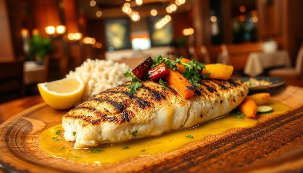 A beautifully presented wood-grilled sea bass fillet, adorned with a light drizzle of lemon butter sauce, garnished with fresh herbs and vibrant roasted seasonal vegetables. In the foreground, the fish is served on a rustic wooden plate, showcasing the grill marks for an authentic touch. In the middle, a side of fluffy rice pilaf complements the dish, while a slice of lemon adds a pop of color. The background features a softly lit restaurant ambiance with elegant wooden furniture and warm, inviting lighting, creating a cozy dining atmosphere. The image is captured from a slightly elevated angle, allowing for a clear view of the dish details while emphasizing the inviting setting. The mood is warm and appetizing, perfect for food lovers.