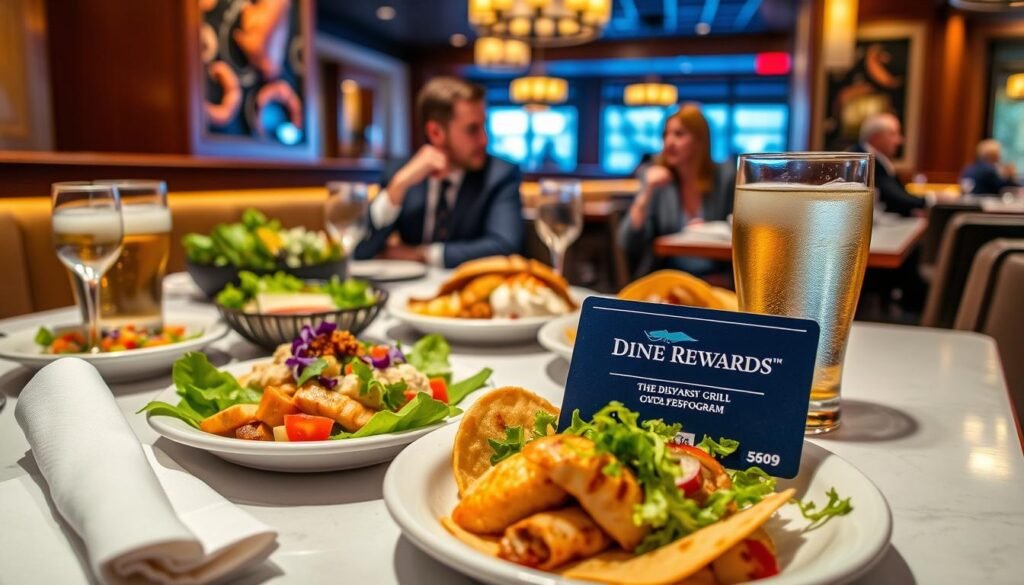 A beautifully set dining table featuring a vibrant arrangement of delicious lunch dishes from Bonefish Grill, including a colorful seafood salad, grilled fish tacos, and a refreshing beverage. In the foreground, a close-up view of a Dine Rewards card resting next to an elegantly folded napkin, emphasizing the rewards program. The middle ground showcases diners enjoying their meals, dressed in professional business attire, engaged in pleasant conversation. In the background, the restaurant's ambient lighting creates a warm and inviting atmosphere, with soft golden hues illuminating wood accents and vibrant seafood-themed decor. The image conveys a sense of indulgence and excitement, inviting viewers to explore the benefits of Dine Rewards.