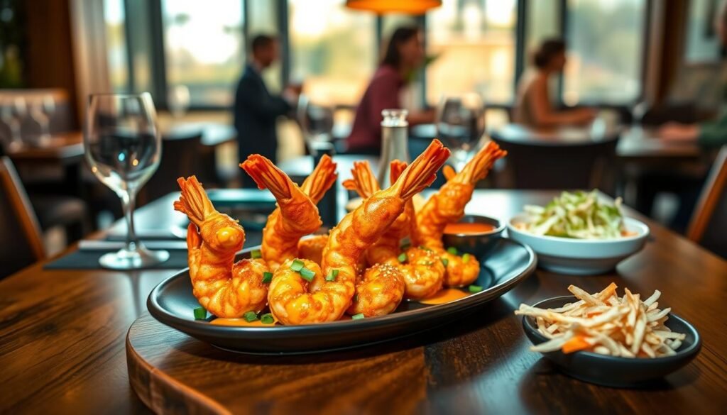 A beautifully styled plate of bang bang shrimp, artfully arranged in the foreground, showcasing crispy, golden-brown shrimp drizzled with a creamy, spicy sauce and garnished with fresh green onions and sesame seeds. The middle of the image features a stylish wooden table adorned with elegant dishware, complemented by a small bowl of a tangy dipping sauce and a side of vibrant, fresh coleslaw for contrast. In the background, an inviting restaurant ambiance is created with soft, warm lighting casting gentle shadows, while blurred silhouettes of other diners add life to the scene. The overall mood is casual yet sophisticated, perfect for a signature starter that beckons to be shared. Emphasize vibrant colors and textures to highlight the deliciousness of the dish.