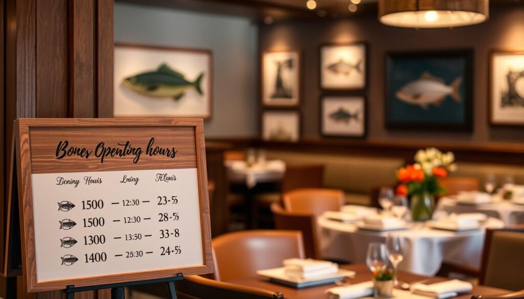 A clean and professional depiction of "Weekly Operating Hours" for Bonefish Grill in St. Louis. In the foreground, a sleek, wooden sign elegantly displays the operating hours, with clear, artistic numerals and icons to represent dining times. The middle ground features a subtle ambiance of a well-decorated restaurant interior, showcasing a few tables set for dining, adorned with seasonal centerpieces and warm lighting. In the background, soft, dimly lit restaurant details, hinting at an inviting atmosphere, can be seen, such as framed fish art and oceanic decor. The image uses warm, inviting lighting to create a welcoming mood, captured with a slight depth of field to draw attention to the sign. The overall composition should evoke a sense of hospitality and readiness for guests.