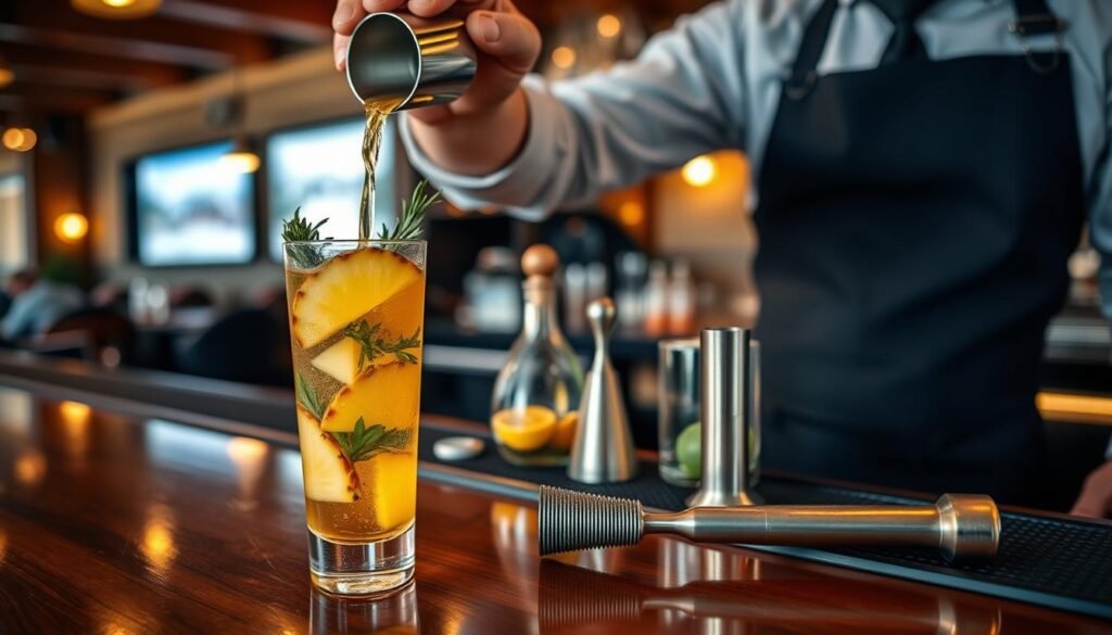 A close-up shot of a beautifully arranged cocktail preparation scene featuring pineapple infusion techniques. In the foreground, a glass filled with vibrant, fresh pineapple slices and herbs, partially submerged in golden liquor. A skilled bartender, dressed in a smart casual shirt and apron, delicately pours the infusion mixture using a jigger, capturing the essence of craft mixology. In the middle, a polished wooden bar surface adorned with additional cocktail-making tools like a muddler and a citrus juicer. The background is softly blurred, showcasing the warm, inviting ambiance of a rustic seafood restaurant, with dim lights and wooden decor. The image conveys a cozy yet sophisticated atmosphere, emphasizing craftsmanship and fresh ingredients in cocktail creation.