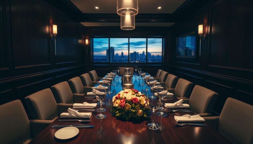 A cozy and elegant private dining room, featuring a long, polished wooden table set for a special occasion. Each place setting includes fine china, crystal glasses, and beautifully folded napkins. In the foreground, a floral centerpiece made of seasonal blooms adds color. Midway, plush upholstered chairs surround the table. There are subtle soft ambient lights hanging overhead, casting a warm glow that enhances the intimate atmosphere. Rich, dark wood paneling lines the walls, contrasted by soft, neutral-toned accents. A large window in the background reveals a glimpse of the Jacksonville skyline at dusk, providing a sophisticated backdrop. The mood is refined and inviting, perfect for celebratory gatherings. No people are present in the scene to focus solely on the room’s ambiance and decor. A cozy and elegant private dining room, featuring a long, polished wooden table set for a special occasion. Each place setting includes fine china, crystal glasses, and beautifully folded napkins. In the foreground, a floral centerpiece made of seasonal blooms adds color. Midway, plush upholstered chairs surround the table. There are subtle soft ambient lights hanging overhead, casting a warm glow that enhances the intimate atmosphere. Rich, dark wood paneling lines the walls, contrasted by soft, neutral-toned accents. A large window in the background reveals a glimpse of the Jacksonville skyline at dusk, providing a sophisticated backdrop. The mood is refined and inviting, perfect for celebratory gatherings. No people are present in the scene to focus solely on the room’s ambiance and decor.