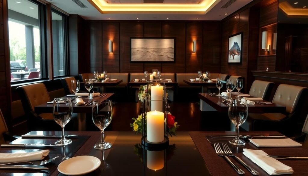 A cozy, upscale private dining room at Bonefish Grill, set for an intimate gathering. In the foreground, a beautifully arranged dining table with elegant place settings, featuring polished silverware and fine china, surrounded by plush, dark wooden chairs. In the middle ground, a softly glowing candle centerpiece adds warmth, accompanied by a tasteful floral arrangement. The background showcases sleek, modern decor with rich wooden paneling and ambient wall lighting, creating an inviting atmosphere. Natural light filters in through large windows, accentuating the fine details of the room. The mood is sophisticated yet comfortable, perfect for special events and private gatherings, ideal for guests in smart casual attire. The angle captures the entire room for an inviting perspective.