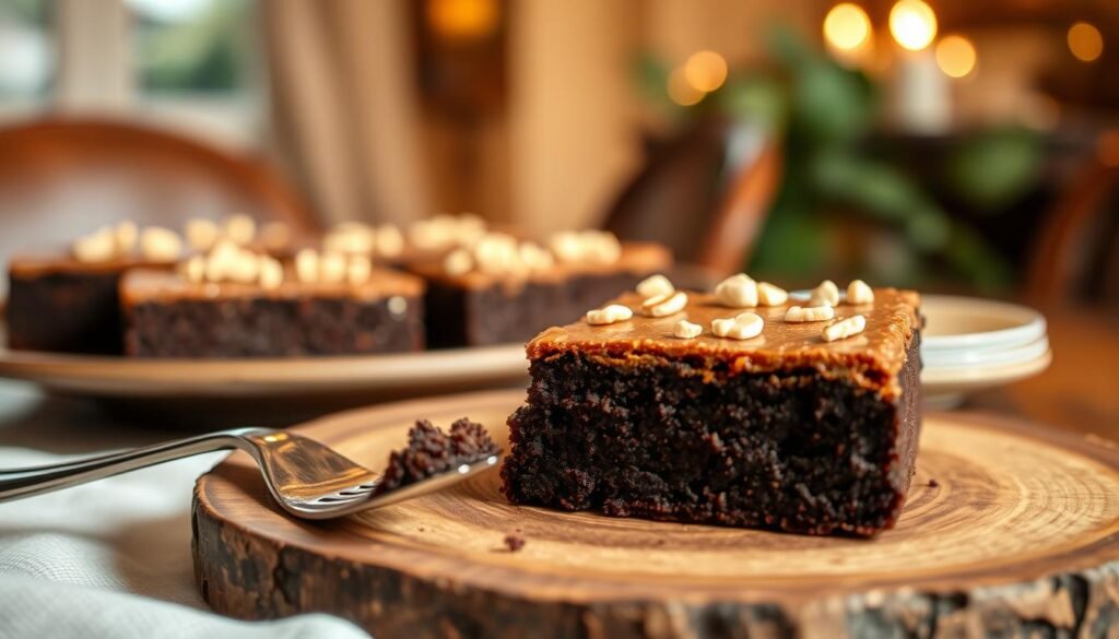 A decadent flourless macadamia nut brownie is the centerpiece of the image, showcasing its rich, fudgy texture with a glossy, light brown top sprinkled with crushed macadamia nuts for added visual appeal. In the foreground, a slice of the brownie is presented on a rustic wooden plate, with a fork beside it, catching the warm glow of soft, diffused lighting. The middle features a lightly blurred backdrop of a cozy, elegant dining setting with a hint of greenery and warm, ambient lighting creating a welcoming atmosphere. The overall mood is indulgent yet refined, inviting viewers to savor the gluten-free treat. Focus on capturing the brownie’s delectable textures and rich color while maintaining a professional and appetizing presentation.