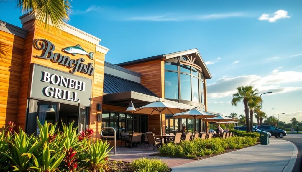 A detailed exterior view of the Bonefish Grill located at 10950 San Jose Boulevard, Jacksonville. The foreground features a welcoming entrance with modern signage, vibrant plants, and well-maintained landscaping. In the middle ground, the restaurant's façade showcases warm wooden textures, large glass windows reflecting the outside environment, and outdoor seating with cozy tables and umbrellas. The background should include a clear blue sky, hinting at a sunny day, with gentle clouds to create a relaxed atmosphere. The lighting is bright and inviting, capturing a late afternoon glow. The image should be taken from a slight angle to provide depth and enhance the welcoming vibe of the location, suggesting it's a popular dining spot suitable for families and friends. A detailed exterior view of the Bonefish Grill located at 10950 San Jose Boulevard, Jacksonville. The foreground features a welcoming entrance with modern signage, vibrant plants, and well-maintained landscaping. In the middle ground, the restaurant's façade showcases warm wooden textures, large glass windows reflecting the outside environment, and outdoor seating with cozy tables and umbrellas. The background should include a clear blue sky, hinting at a sunny day, with gentle clouds to create a relaxed atmosphere. The lighting is bright and inviting, capturing a late afternoon glow. The image should be taken from a slight angle to provide depth and enhance the welcoming vibe of the location, suggesting it's a popular dining spot suitable for families and friends.