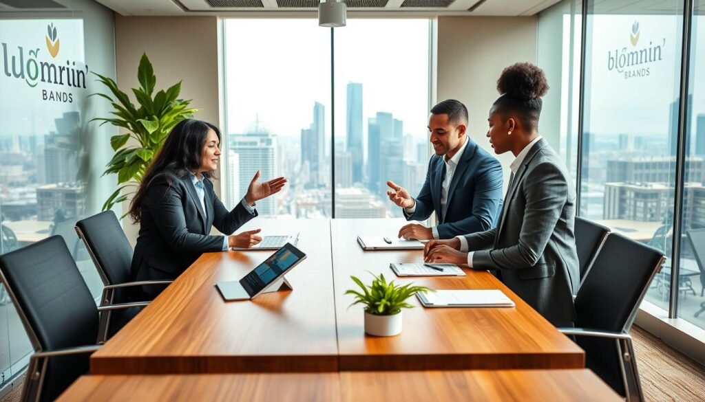 A modern corporate office setting, showcasing a well-lit conference room with a sleek wooden table surrounded by professionals in smart business attire. In the foreground, a diverse group of three businesspeople engages in a discussion, analyzing market data on digital tablets and laptops. One person gestures expressively, emphasizing points, while others listen attentively. The middle ground features a large glass window, allowing natural light to flood the room, with a view of a bustling cityscape showcasing skyscrapers. The background includes a vibrant green plant, symbolizing growth and stability, alongside corporate branding elements subtly indicating connection to Bloomin' Brands. The atmosphere is dynamic yet professional, conveying themes of corporate development and strategic planning. The image reflects a sense of teamwork and innovation, with a warm, inviting color palette that enhances the positive energy of the scene.