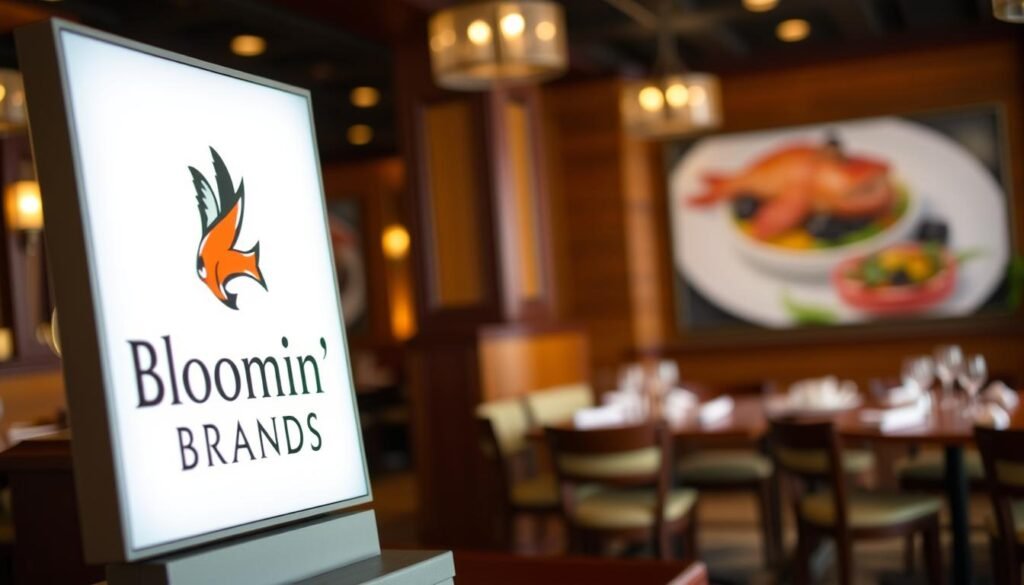 A professional corporate environment showcasing Bloomin' Brands' logo prominently in the foreground, surrounded by an elegant dining setting reminiscent of Bonefish Grill. The middle ground features a stylish restaurant interior, with wooden decor and ambient lighting, making it inviting and warm. In the background, soft-focus images of seafood dishes elegantly plated might be visible, hinting at the restaurant's culinary focus. Use warm, natural lighting to create a relaxed yet upscale atmosphere, and a slight depth of field to emphasize the logo and dining area. The angle should be slightly elevated, capturing the essence of hospitality and brand value. Ensure no people are included in order to maintain a clean, professional image without distractions.