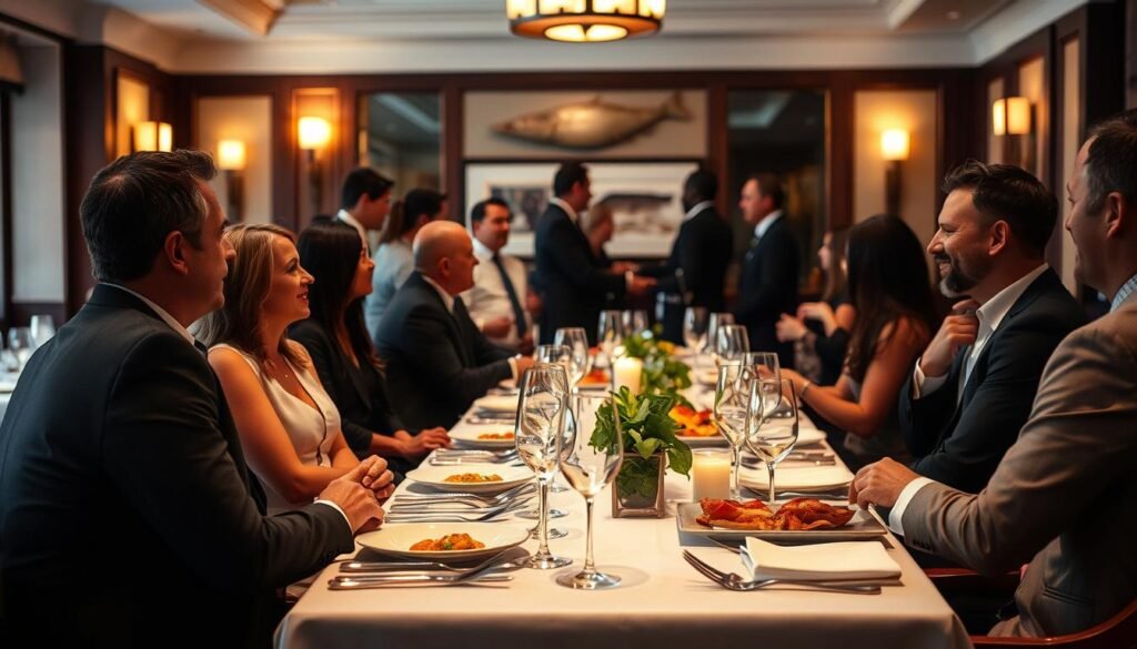 A sophisticated private dining event set within a beautifully arranged room at Bonefish Grill. In the foreground, an elegantly set table is adorned with crisp white linens, polished glassware, and sumptuous seafood dishes. The middle ground features a group of diverse professionals in business attire, engaged in lively discussions, showcasing a warm yet intimate atmosphere. In the background, soft ambient lighting enhances the cozy vibe, with wall sconces illuminating tasteful seafood-themed decor. The scene focuses on the inviting table setting, while a subtle blur captures the lively interactions of the guests. The image conveys a mood of celebration and exclusivity, perfect for highlighting private dining experiences. Soft focus, natural lighting, and a slightly elevated angle give depth to the scene, emphasizing the elegance of the event. A sophisticated private dining event set within a beautifully arranged room at Bonefish Grill. In the foreground, an elegantly set table is adorned with crisp white linens, polished glassware, and sumptuous seafood dishes. The middle ground features a group of diverse professionals in business attire, engaged in lively discussions, showcasing a warm yet intimate atmosphere. In the background, soft ambient lighting enhances the cozy vibe, with wall sconces illuminating tasteful seafood-themed decor. The scene focuses on the inviting table setting, while a subtle blur captures the lively interactions of the guests. The image conveys a mood of celebration and exclusivity, perfect for highlighting private dining experiences. Soft focus, natural lighting, and a slightly elevated angle give depth to the scene, emphasizing the elegance of the event.