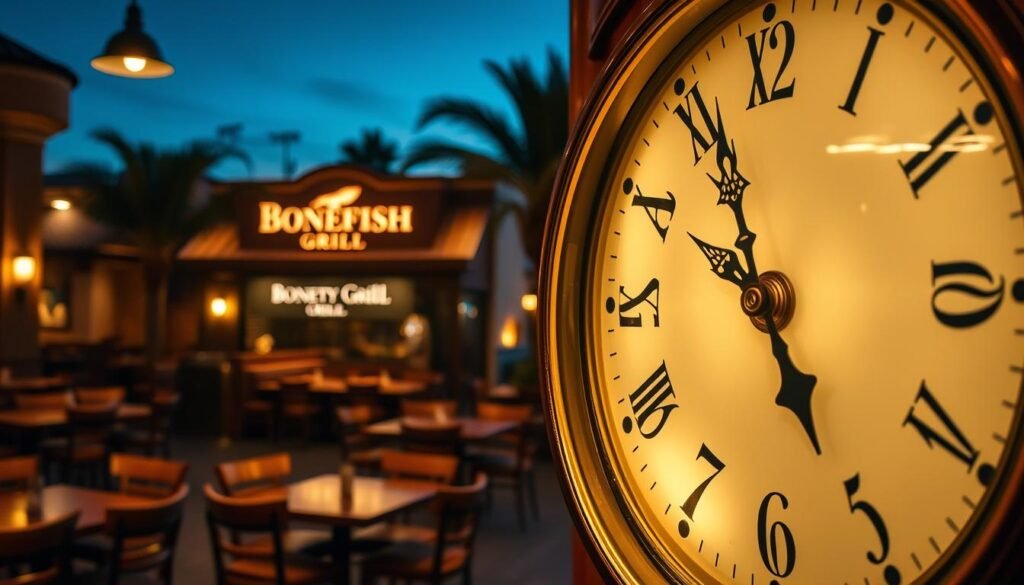 A stylish, elegant clock displaying the hours, prominently featured in the foreground, its hands gracefully pointing to the current time. The clock's ornate details gleam with warmth, reflecting soft golden hour light. In the middle ground, a dimly lit restaurant setting of Bonefish Grill, featuring wooden tables and comfortable seating arrangements, creates an inviting atmosphere. The background showcases a charming street view with silhouettes of palm trees, enhancing the location's upscale coastal vibe. Warm, ambient lighting casts a cozy glow over the scene, inviting viewers to step inside. The overall mood is welcoming and leisurely, perfect for capturing the essence of a dining experience. No text or overlays are present in the image.