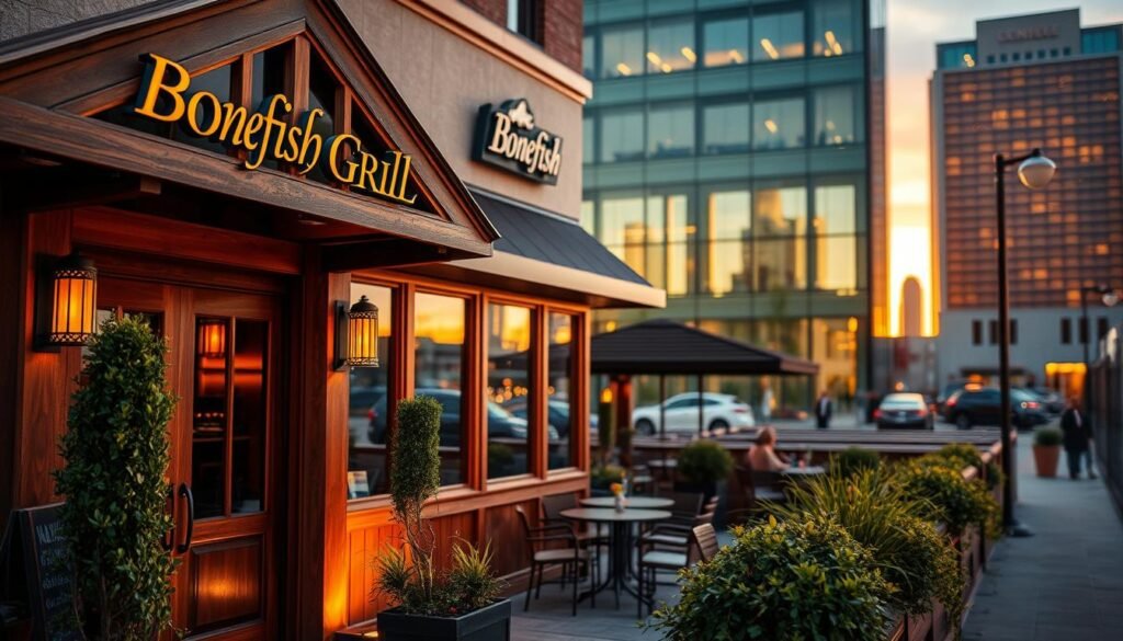 A vibrant and inviting Bonefish Grill restaurant located in St. Louis, viewed from an angle that highlights its distinctive exterior. In the foreground, showcase the restaurant's signature wooden entrance, warmly lit with golden hues from evening lights. The middle section features a well-maintained outdoor patio with stylish seating and greenery, inviting diners to enjoy their meals outside. In the background, capture the St. Louis skyline subtly, with soft sunset colors reflecting on the building glass. The atmosphere should exude a relaxed, welcoming vibe, perfect for casual dining. Use a slightly blurred depth of field to emphasize the restaurant while giving a taste of the lively neighborhood around it. The overall lighting should feel warm and inviting, enhancing the appeal of the location.