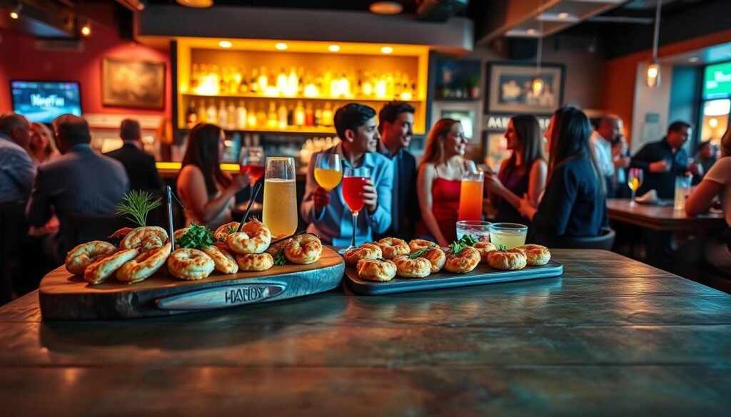 A vibrant and inviting restaurant scene featuring the bar area of Bonefish Grill during happy hour. In the foreground, a beautifully arranged platter of seafood appetizers, such as shrimp and crab cakes, is artfully displayed on a rustic wooden table. In the middle, a group of diverse patrons, dressed in smart casual attire, are engaged in cheerful conversation, sipping colorful cocktails and enjoying the lively atmosphere. In the background, bright, warm lighting illuminates the bar with an arrangement of bottles and glasses, creating a welcoming ambiance. The scene conveys a sense of joy and relaxation, perfect for enhancing a dining experience with rewards that elevate the visit. Use a soft focus lens effect to create a warm and inviting mood.