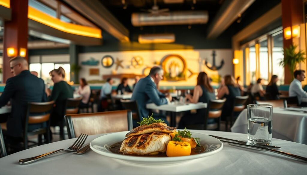 A vibrant and inviting restaurant setting depicting the interior of a Bonefish Grill, showcasing its signature coastal-inspired decor. In the foreground, a well-set table with white linen and elegant cutlery, featuring a plate of grilled fish and tropical sides. The middle ground reveals diners enjoying their meals, dressed in professional business attire and modest casual clothing, engaged in conversation. In the background, a wall adorned with nautical elements and soft ambient lighting that creates a warm atmosphere. The overall mood is relaxed yet sophisticated, with golden hour sunlight filtering through large windows, illuminating the space. The scene is captured with a slight focus on the table, using a 35mm lens to create depth and warmth.