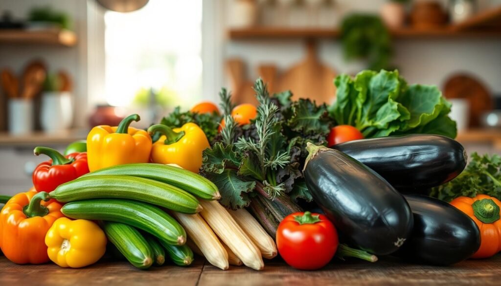 A vibrant display of seasonal vegetables arranged beautifully on a rustic wooden table, showcasing an array of colors and textures. In the foreground, bright orange and yellow bell peppers, fresh green zucchini, and deep purple eggplant are elegantly stacked. In the middle, an assortment of leafy greens, like kale and Swiss chard, adds lushness, while a few sprigs of rosemary and thyme enhance the natural feel. In the background, a soft-focus kitchen setting with warm, natural light filtering through a window creates a cozy atmosphere. The overall mood is inviting and fresh, perfect for a culinary experience, emphasizing the farm-to-table concept. The image should be shot with a shallow depth of field to highlight the vegetables, creating a soft bokeh effect in the background.