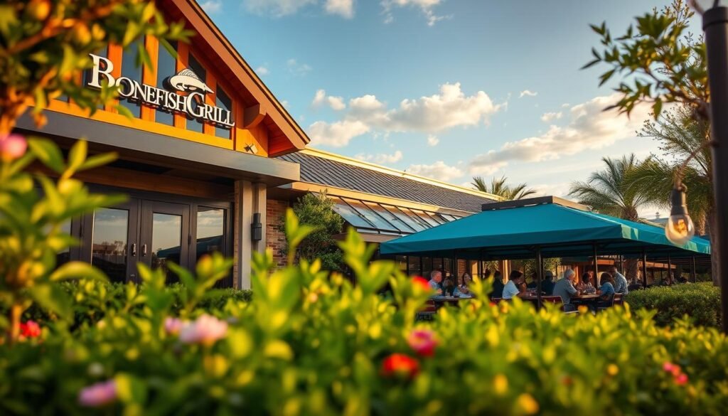 A vibrant exterior view of Bonefish Grill located at 10950 San Jose Blvd, Jacksonville. In the foreground, lush greenery frames the entrance, including ornamental shrubs and flowers. The restaurant's distinctive architecture showcases a charming facade with warm wooden accents and large windows reflecting inviting light. In the middle ground, customers are seen dining on the patio, dressed in casual attire, enjoying their meals with laughter and conversation, creating a friendly and welcoming atmosphere. The background features a clear blue sky with soft clouds, bathed in the golden light of early evening, enhancing the inviting mood. Use a slightly warm color palette to evoke a cozy and friendly feeling, and capture the scene with a wide-angle lens to emphasize the restaurant's inviting presence. A vibrant exterior view of Bonefish Grill located at 10950 San Jose Blvd, Jacksonville. In the foreground, lush greenery frames the entrance, including ornamental shrubs and flowers. The restaurant's distinctive architecture showcases a charming facade with warm wooden accents and large windows reflecting inviting light. In the middle ground, customers are seen dining on the patio, dressed in casual attire, enjoying their meals with laughter and conversation, creating a friendly and welcoming atmosphere. The background features a clear blue sky with soft clouds, bathed in the golden light of early evening, enhancing the inviting mood. Use a slightly warm color palette to evoke a cozy and friendly feeling, and capture the scene with a wide-angle lens to emphasize the restaurant's inviting presence.