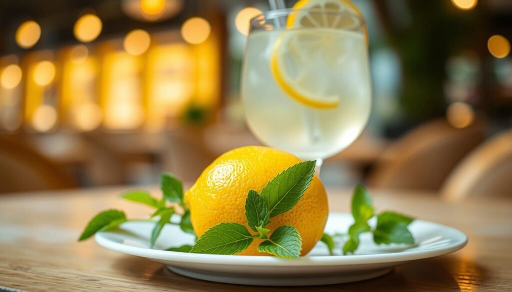 A vibrant, freshly picked lemon sits prominently in the foreground, showcasing its bright yellow hue, textured skin, and a few glistening dew drops. Surrounding the lemon, delicate mint leaves add a touch of green, while a soft white plate provides an elegant contrast beneath it. In the middle ground, a blurred cocktail glass filled with a refreshing, translucent lemonade garnished with a lemon slice evokes a sense of summer delight. In the background, a serene, softly lit bistro setting with warm lighting creates an inviting atmosphere, enhancing the feeling of relaxation. The entire scene captures the essence of indulgence and celebration, perfectly suited for a culinary experience centered around decadent desserts and hand-crafted cocktails. The image is well-lit, utilizing natural light to emphasize freshness and create a welcoming ambiance, taken from a slight top-down angle for a comprehensive view.