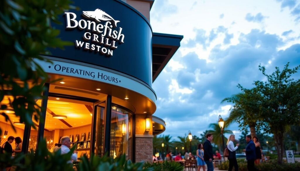 A vibrant image of Bonefish Grill Weston, prominently showcasing its exterior entrance with clear operating hours displayed in an elegant, modern font. In the foreground, decorative plants frame the entrance, providing a welcoming atmosphere. The middle ground features the restaurant's characteristic architectural style, with large windows allowing glimpses of diners enjoying their meals inside, illuminated by warm, inviting golden light. In the background, a partly cloudy sky at dusk casts a soft blue hue, enhancing the restaurant's inviting ambiance. The scene conveys a cozy, friendly mood, with patrons socializing and a couple of staff members in professional attire greeting customers, creating a lively yet relaxed dining environment. Focus on natural lighting, simulating a late afternoon glow.