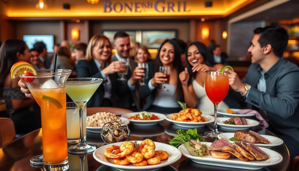 A vibrant, inviting Bonefish Grill setting during happy hour. In the foreground, a beautifully arranged table with a variety of colorful cocktails in stylish glasses, including a martini and a tropical drink garnished with fruit. Fresh seafood appetizers, like Bang Bang Shrimp and Ahi Tuna, are elegantly plated. In the middle ground, a diverse group of professionals in smart casual attire enjoying laughter, clinking glasses, and sharing plates, creating a lively atmosphere. In the background, the restaurant's warm, cozy ambiance with wooden accents, soft ambient lighting, and hints of ocean-themed decor. Capture the carefree, relaxed mood of happy hour, emphasizing the enjoyment of great food and drink amongst friends. Use a warm color palette with soft focus to enhance the inviting feel.