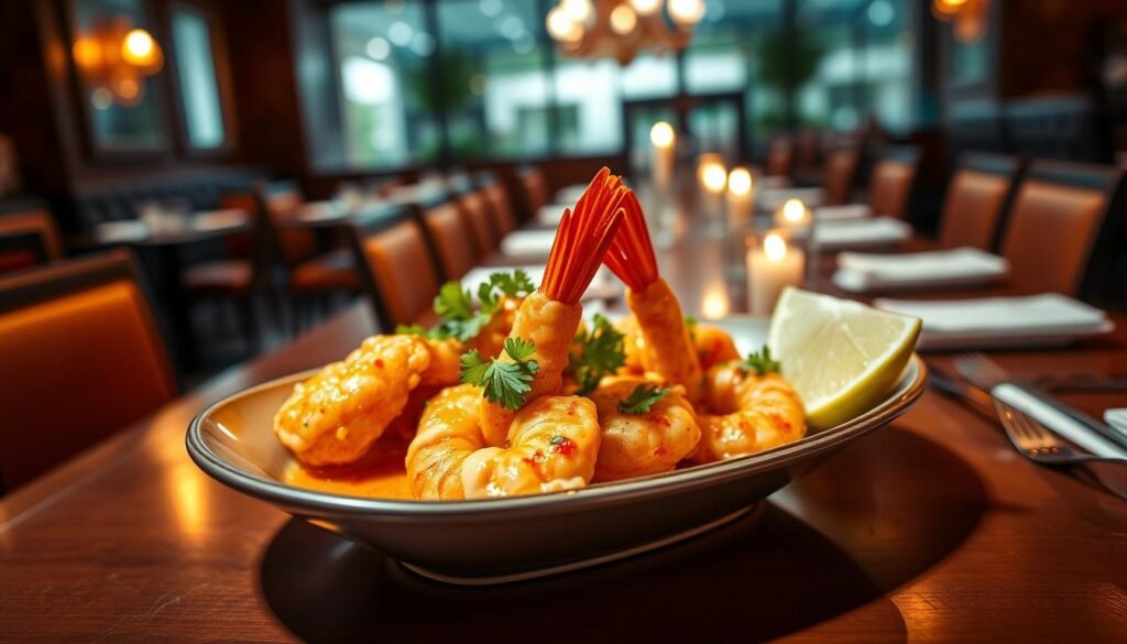 A vibrant plate of bang bang shrimp, glistening with a spicy, creamy sauce, positioned prominently in the foreground. The shrimp are beautifully arranged, garnished with fresh cilantro and lime wedges, showcasing their crispy texture. In the middle ground, a stylish dining table set with elegant dinnerware and soft candlelight, creating an inviting atmosphere. The background features a cozy restaurant setting with warm ambient lighting and tasteful decor, hinting at an upscale yet relaxed dining experience. Shot from a slight overhead angle to capture the rich colors and details, evoking a mood of indulgence and celebration. The scene reflects a flexible dining option perfect for various occasions, showcasing the allure of a beloved dish.