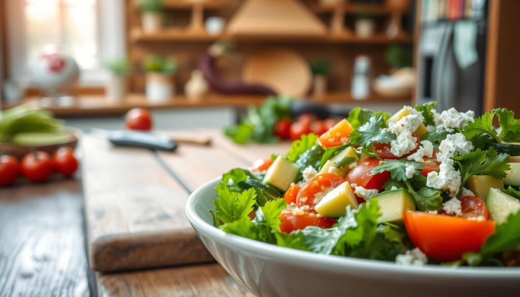 A vibrant salad composition showcasing a variety of fresh, colorful ingredients. In the foreground, a large, white bowl filled with mixed greens, cherry tomatoes, cucumber slices, avocado chunks, and a sprinkle of feta cheese. Include cilantro and a light vinaigrette drizzled artfully on top. In the middle ground, a rustic wooden table enhances the fresh, wholesome appeal, with a cutting board bearing a few remaining ingredients nearby. The background is softly blurred, featuring a warm kitchen atmosphere with natural light streaming in through a window, creating a bright and inviting mood. Capture this scene with a shallow depth of field, using a close-up angle that emphasizes the textures and colors of the salad, conveying a sense of freshness and healthiness.