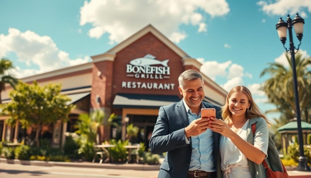 A vibrant urban scene depicting a Bonefish Grill restaurant location on a sunny day. In the foreground, a well-dressed couple stands outside, holding a mobile device while smiling, engaged in searching for nearby locations. The middle ground features the Bonefish Grill's distinctive building design with its signature logo, surrounded by lush greenery and patio seating, inviting diners. In the background, a clear blue sky adorned with fluffy white clouds complements the cheerful atmosphere. The image is captured from a slightly elevated angle, simulating the perspective of someone surveying their surroundings. Soft sunlight bathes the scene, creating a warm and inviting feel that conveys a sense of community and approachability. The overall mood is friendly and optimistic, ideal for showcasing the ease of finding and enjoying Bonefish Grill locations.