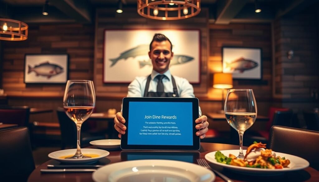 A visually captivating scene depicting a modern, inviting restaurant setting at Bonefish Grill in Orland Park. In the foreground, a stylish, elegantly arranged table with fresh seafood dishes and a glass of wine, emphasizing the gourmet dining experience. The middle ground features a friendly server in professional attire, presenting a tablet with a digital "Join Dine Rewards" prompt, showcasing the exclusive benefits available to diners. In the background, the ambiance is warm and cozy, with soft lighting illuminating the rustic yet contemporary decor, highlighting wooden accents and fish-themed artwork. The overall mood is inviting and luxurious, encouraging diners to engage with the rewards program, evoking a sense of community and appreciation for fine dining.