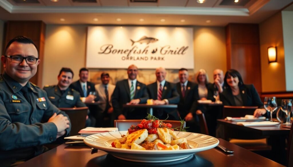 A warm and inviting restaurant setting at Bonefish Grill in Orland Park, showcasing a special "Heroes Discount" promotion. In the foreground, a beautifully set table with a delicious seafood dish, garnished and presented artistically. In the middle ground, a diverse group of service members and veterans dressed in professional business attire, smiling and enjoying their meals together. The background features the cozy ambiance of the restaurant, with soft, warm lighting and tasteful decor, creating a welcoming atmosphere. Shot from a slightly elevated angle to capture both the camaraderie and the exquisite dining experience. The overall mood is celebratory and respectful, honoring the sacrifices of those who served.